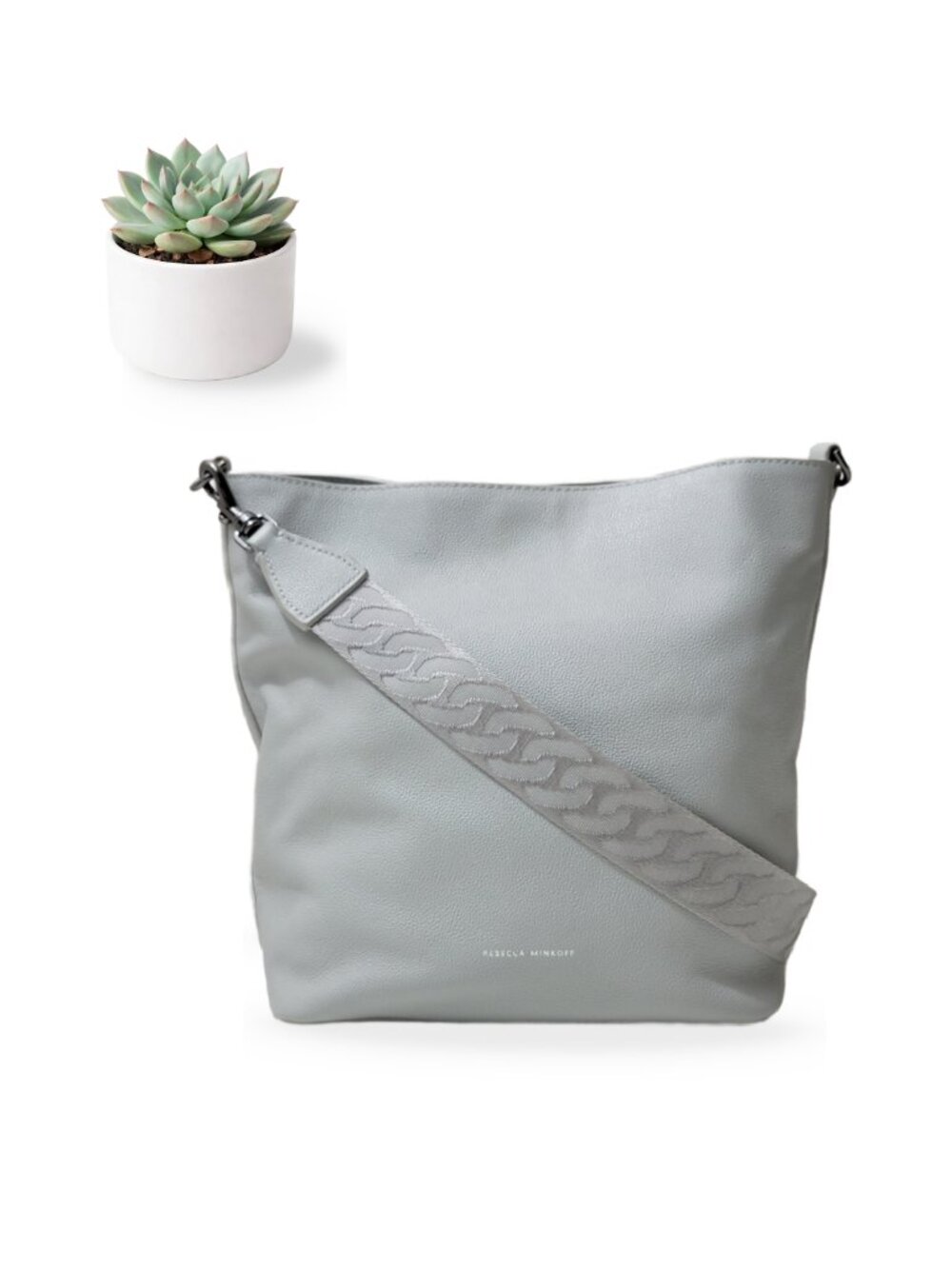 Rebecca Minkoff Light Grey Pebbled Leather Hobo Shoulder Bag Guitar Strap Purse